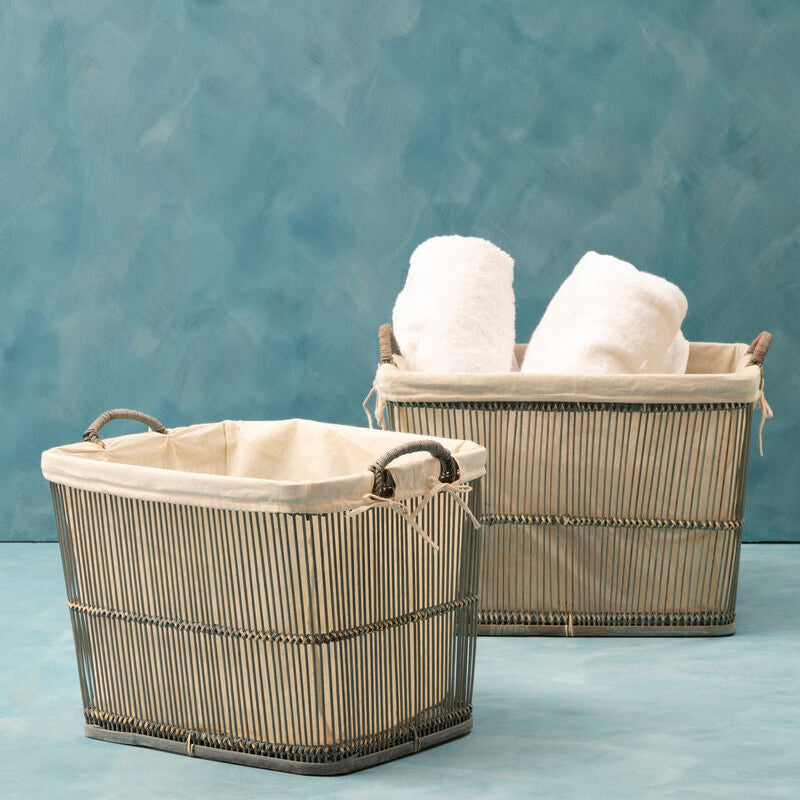 Washed Grey Rattan and Bamboo Set Of 2 Storage Baskets | Ezell