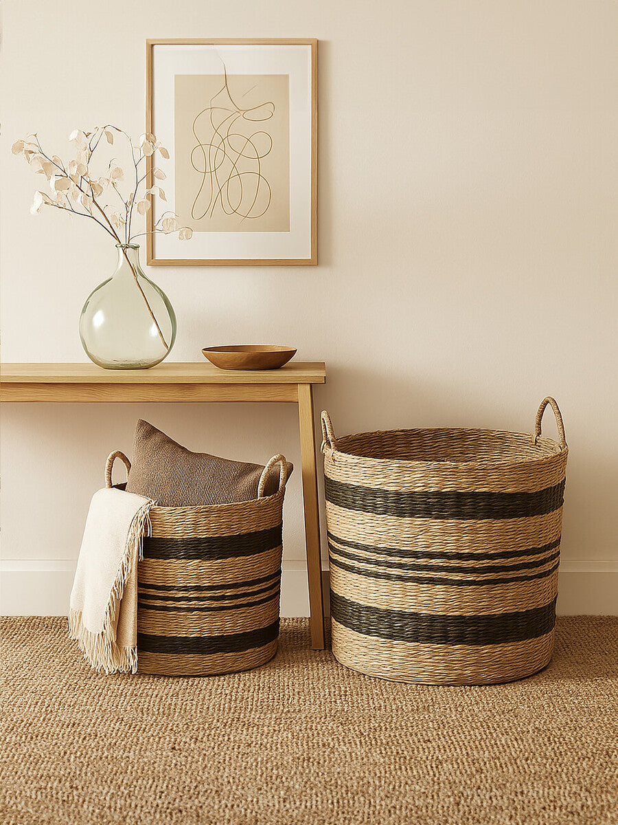 Arles Black and Natural Seagrass Set of 2 Storage Baskets