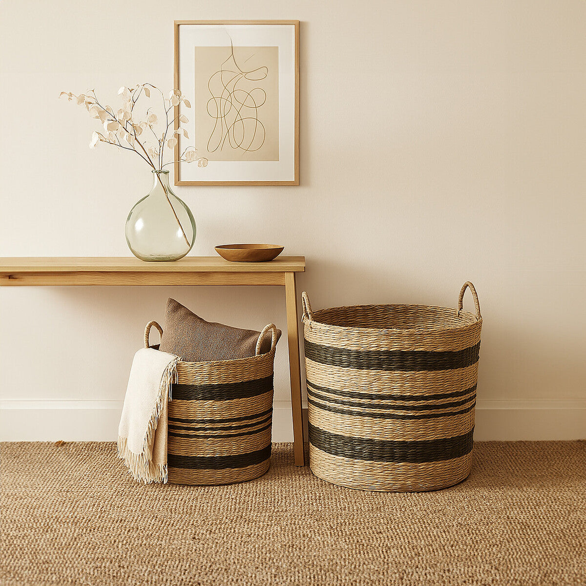 Arles Black and Natural Seagrass Set of 2 Storage Baskets