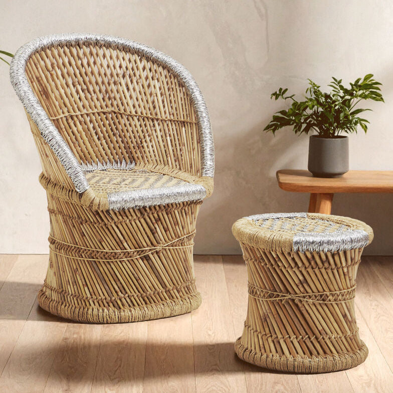 Rowan Natural and Grey Bamboo Chair and Stool Set