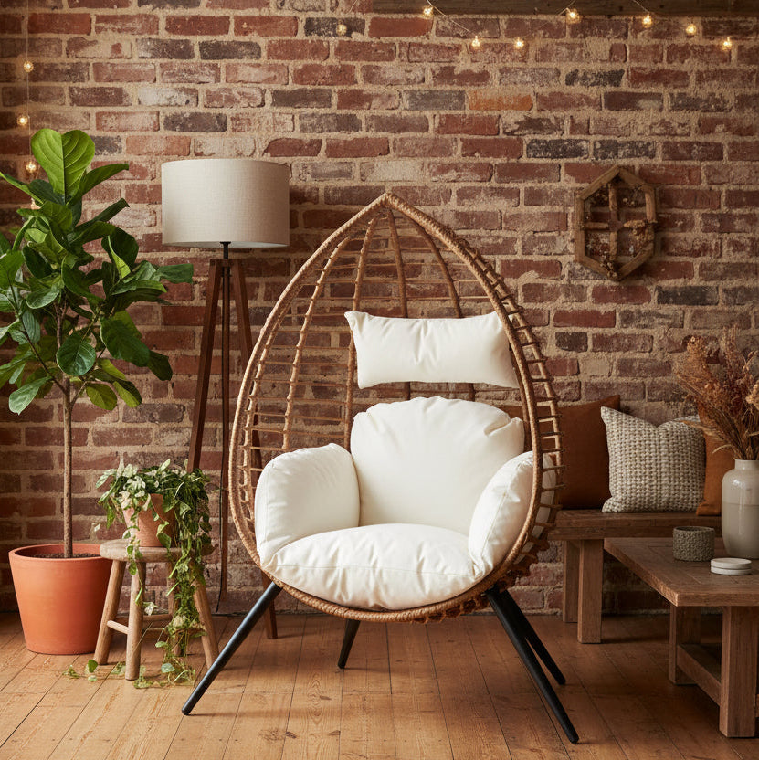 Goa Natural Rattan Effect Egg Chair with Cream Cushions