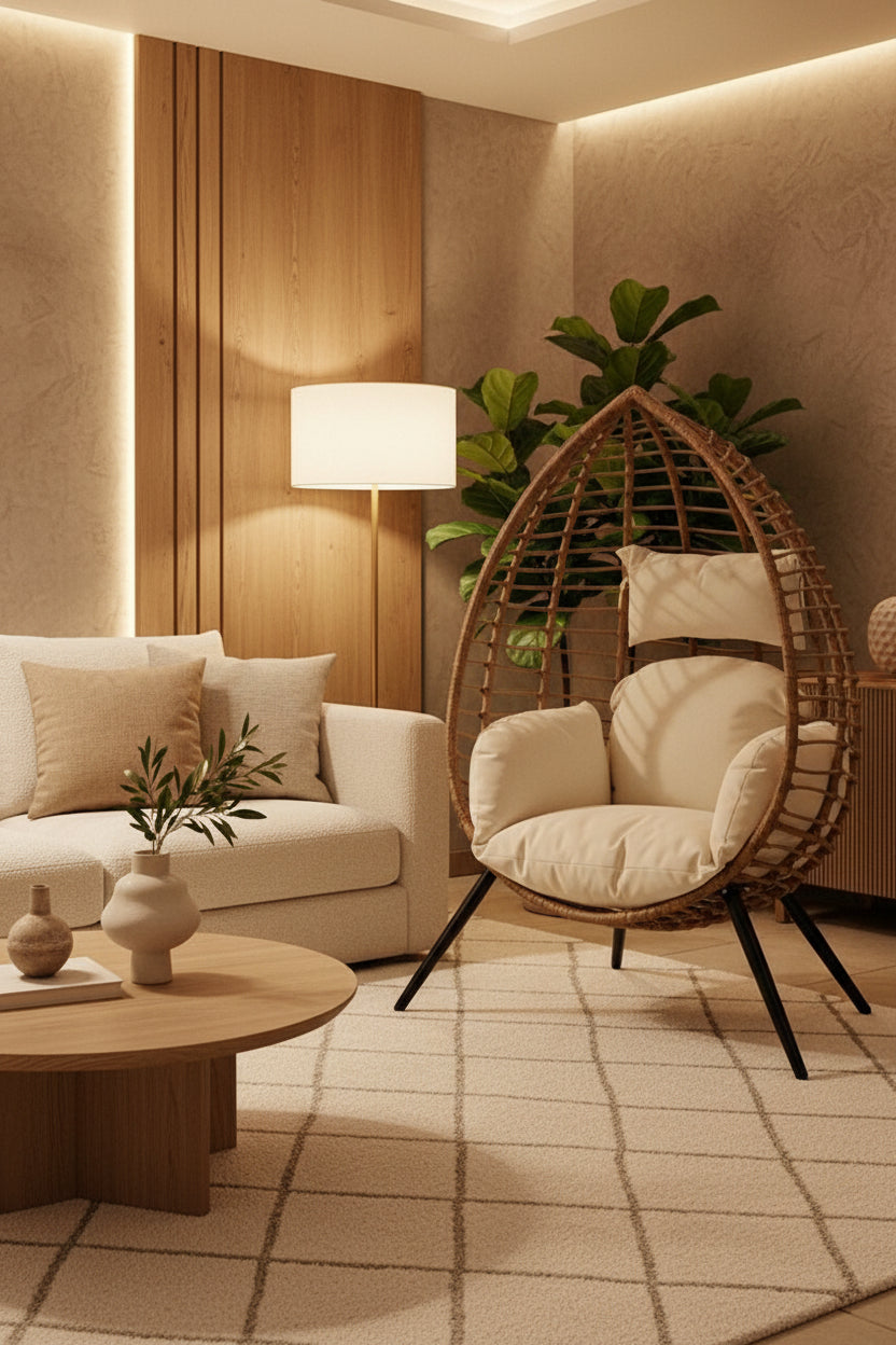 Goa Natural Rattan Effect Egg Chair with Cream Cushions