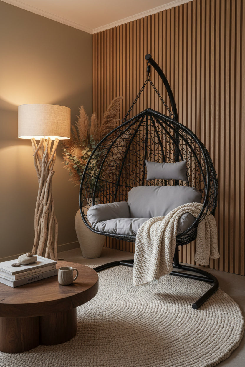 Goa Black Rattan Effect Double Hanging Egg Chair with Sledge Base