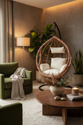 Goa Natural Rattan Effect Hanging Egg Chair with Cream Cushions
