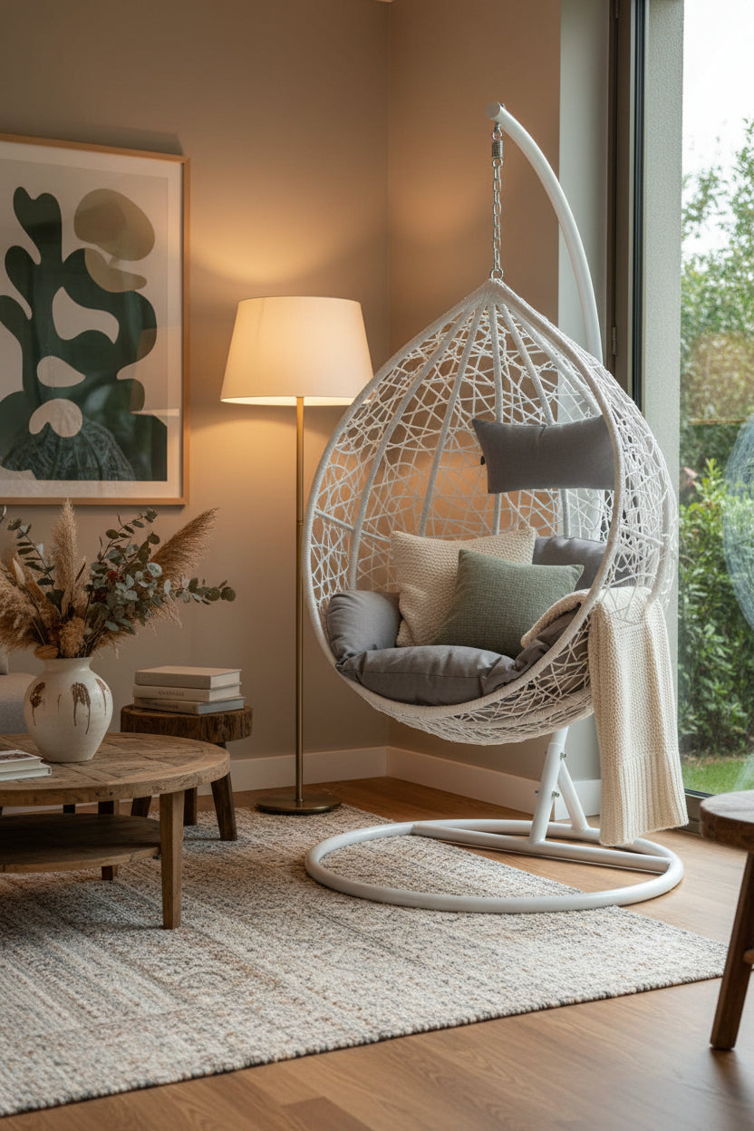 Goa White Rattan Effect Hanging Egg Chair with Grey Cushions