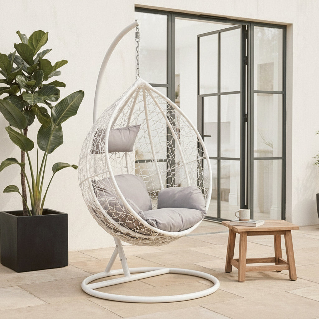 Goa White Rattan Effect Hanging Egg Chair with Grey Cushions