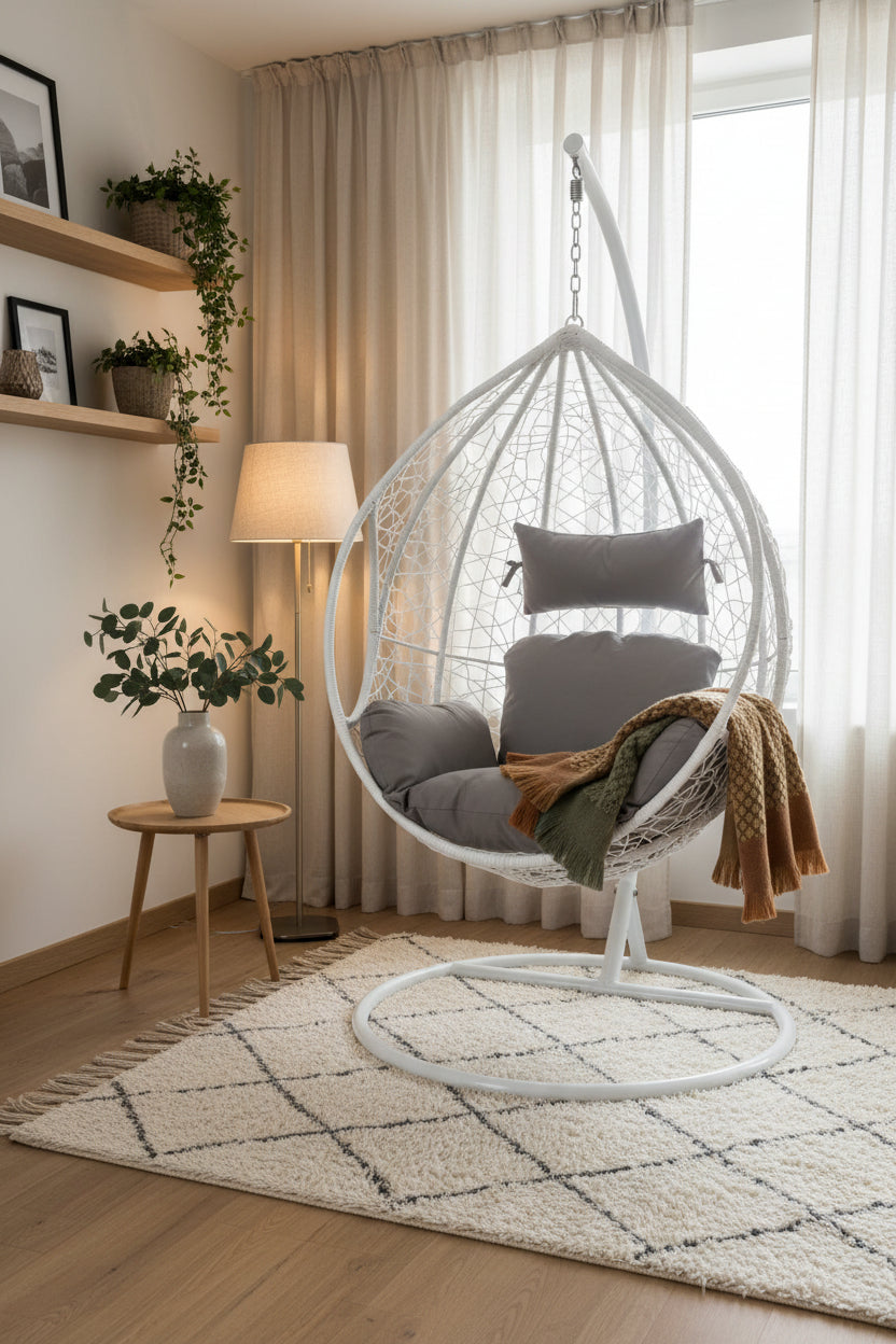 Goa White Rattan Effect Hanging Egg Chair with Cutout Sides