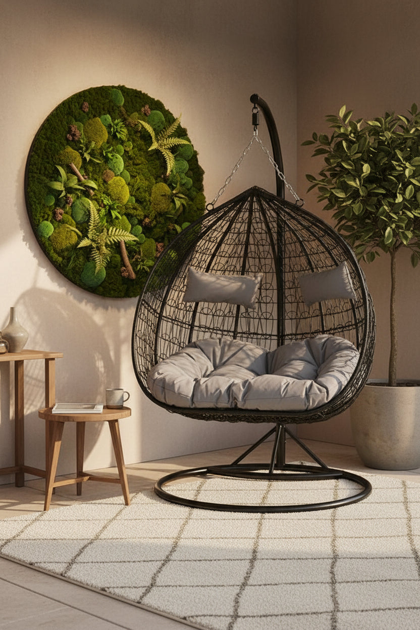 Goa Black Rattan Effect Double Hanging Egg Chair with Round Base