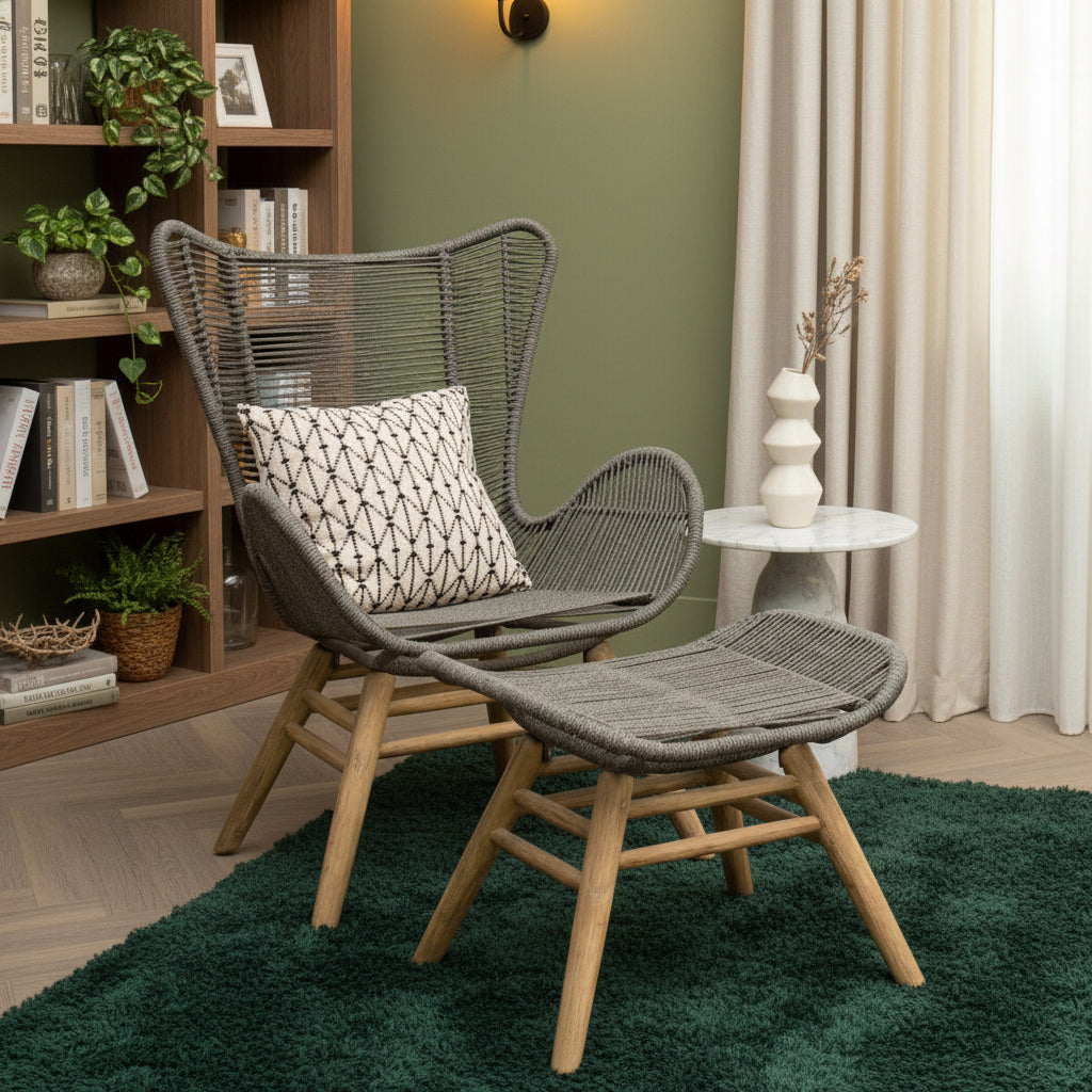 Sisal Grey Woven Rope Lounge Chair and Footstool Set