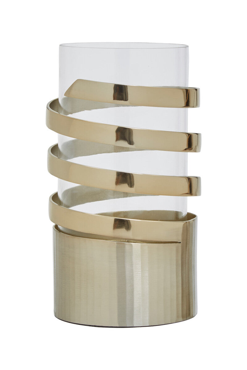 Amreli Gold Metal and Glass Small Hurricane Candle Holder with Spiral Design