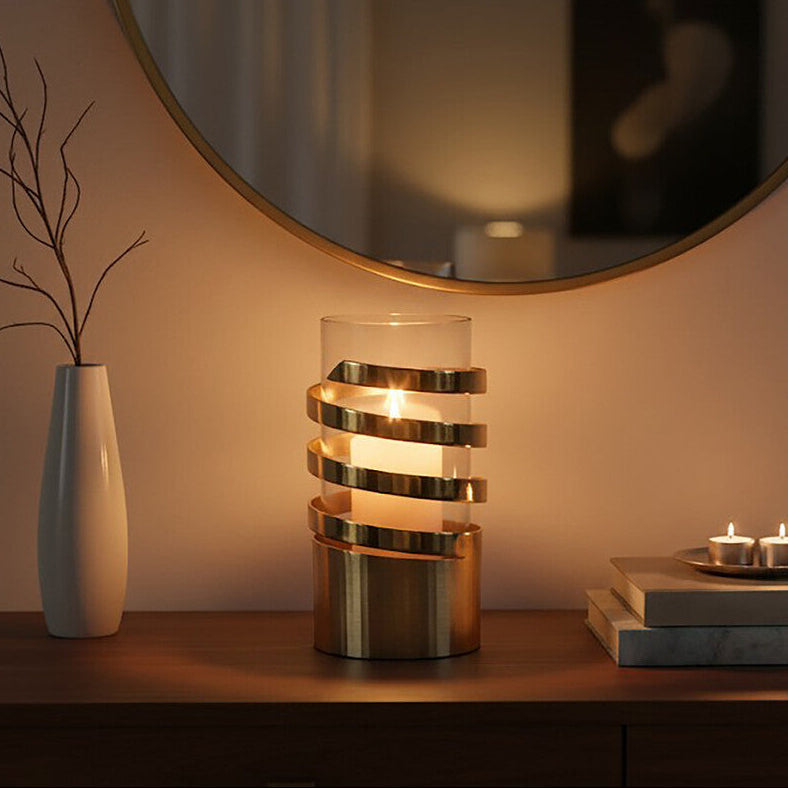 Amreli Gold Metal and Glass Small Hurricane Candle Holder with Spiral Design