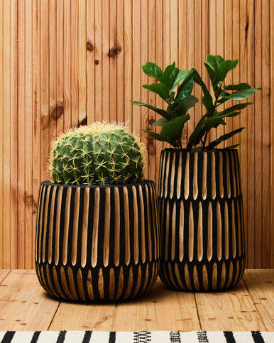 Arlo Black and Natural Large Engraved Wood Planter