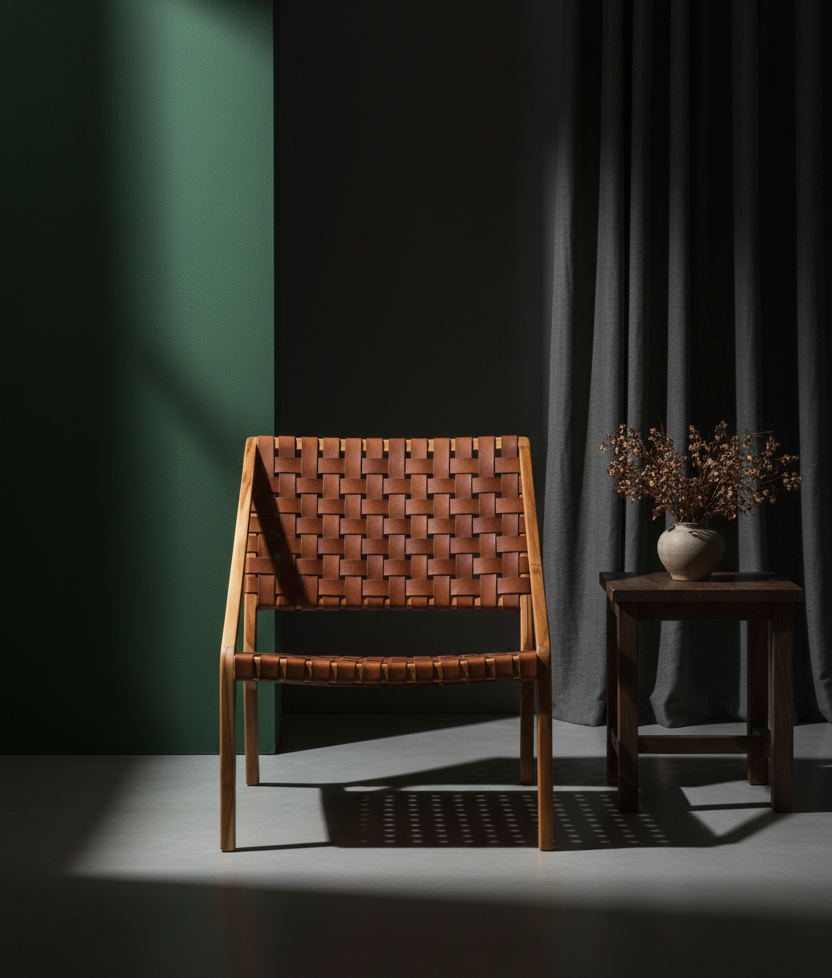 Kendari Tan Woven Leather and Teak Wood Chair