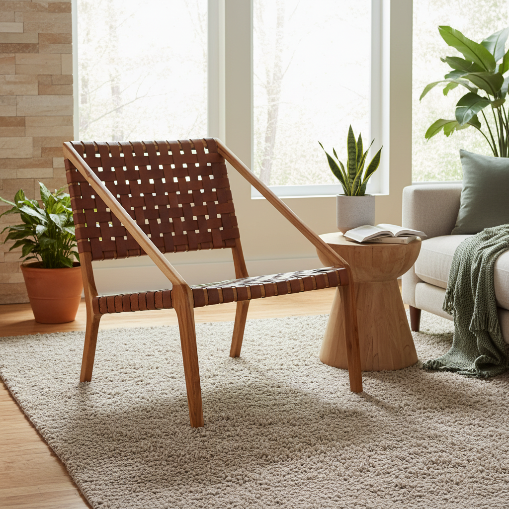 Kendari Tan Woven Leather and Teak Wood Chair