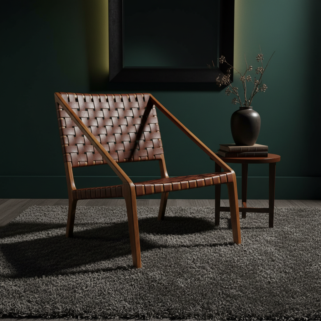 Kendari Tan Woven Leather and Teak Wood Chair