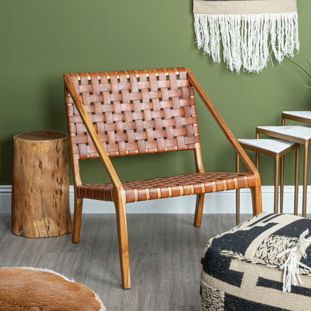 Kendari Tan Woven Leather and Teak Wood Chair