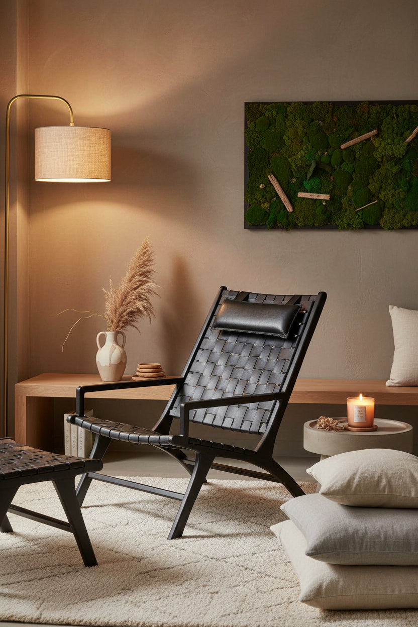 Kendari Black Woven Leather and Teak Wood Chair with Headrest