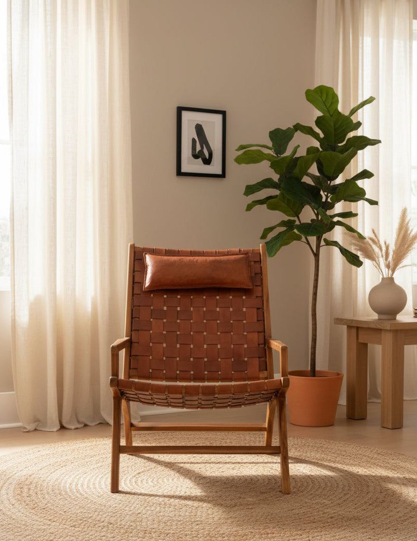 Kendari Brown Woven Leather and Teak Wood Chair with Head Cushion