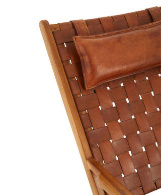 Kendari Brown Woven Leather and Teak Wood Chair with Head Cushion