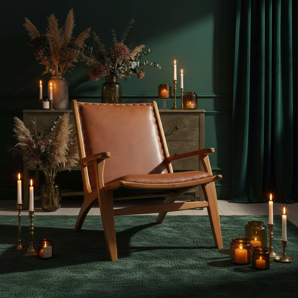 Kendari Brown Leather and Teak Wood Chair with Stud Detail