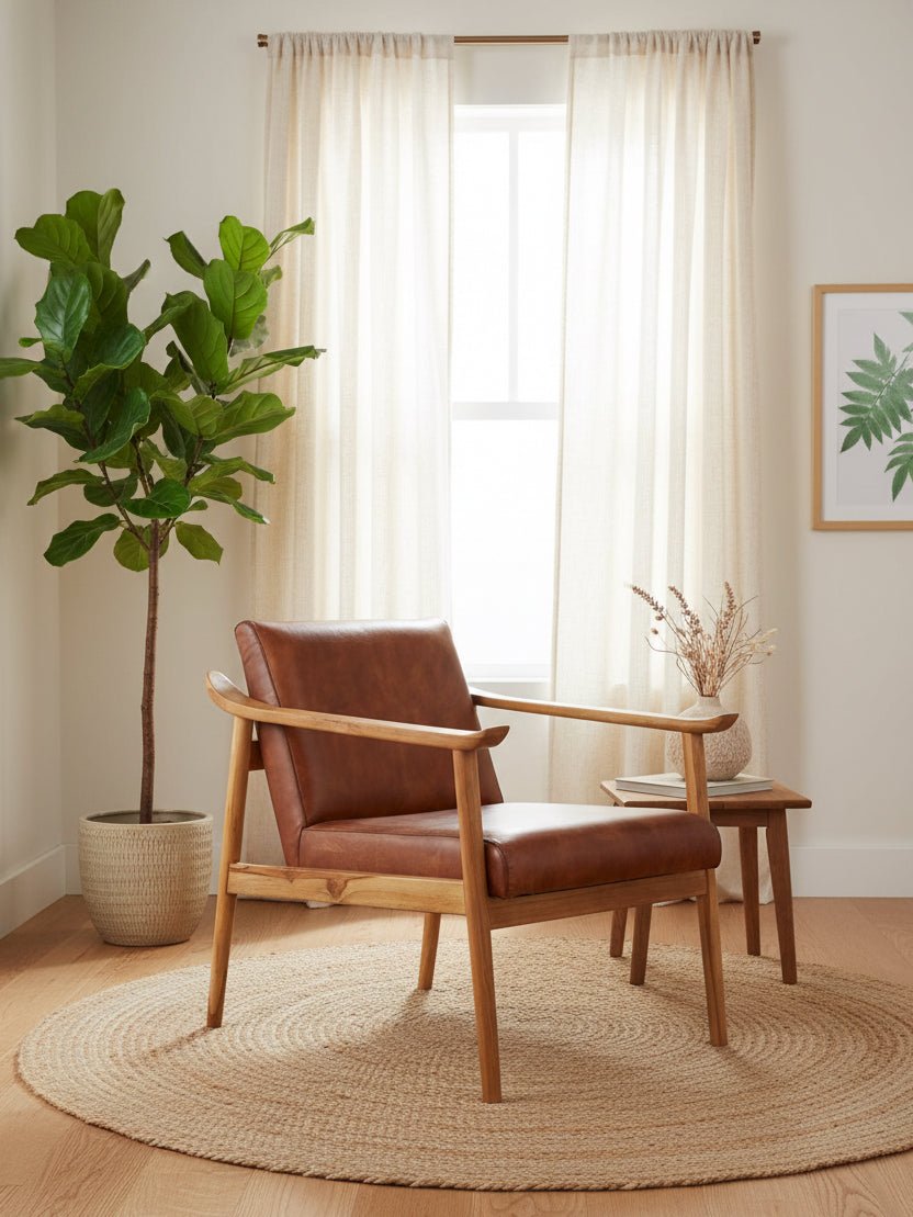 Kendari Brown Leather with Natural Teak Wood Armchair