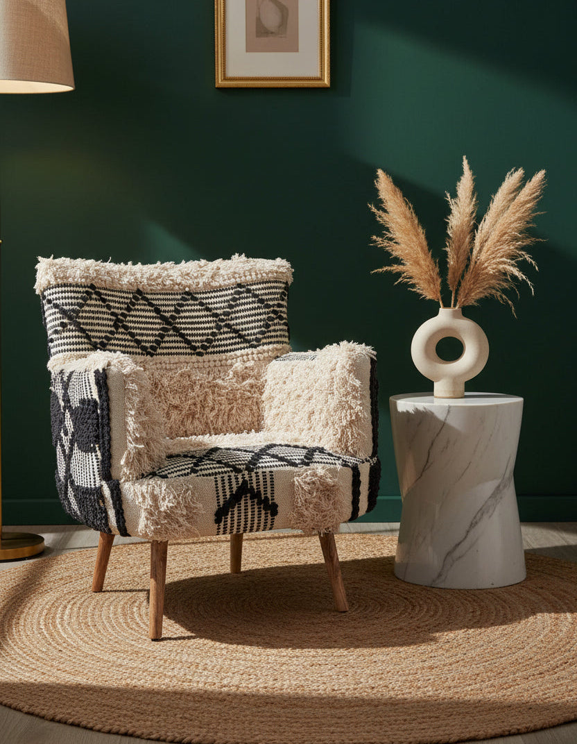 Cefena Black and White Shaggy Fabric Berber Style Armchair
