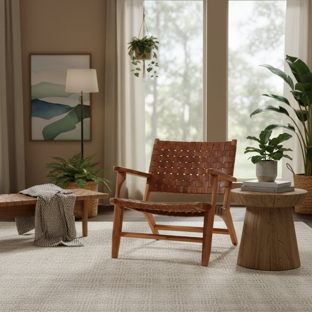 Inca Brown Leather and Teak Wood Lattice Design Armchair