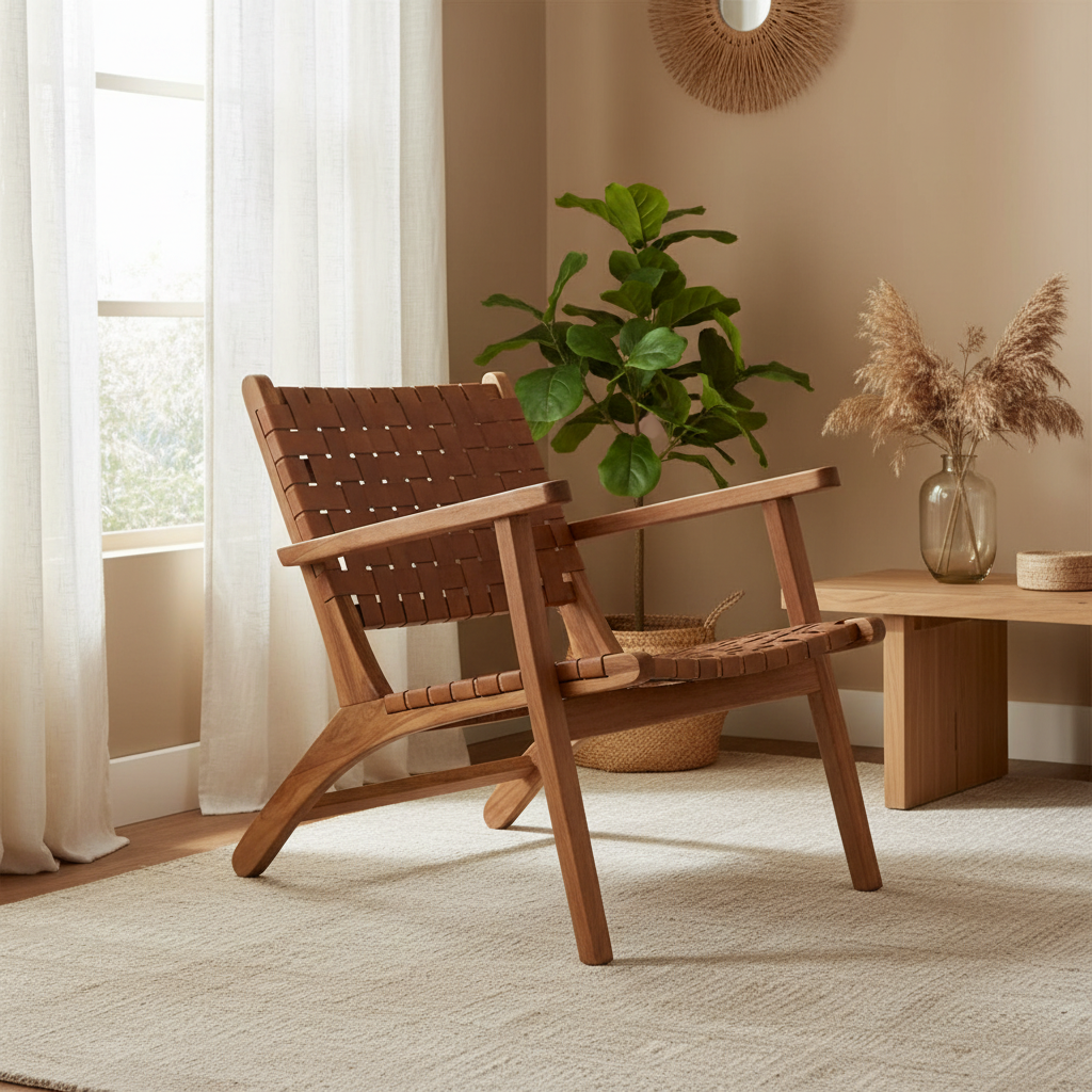 Inca Brown Leather and Teak Wood Lattice Design Armchair