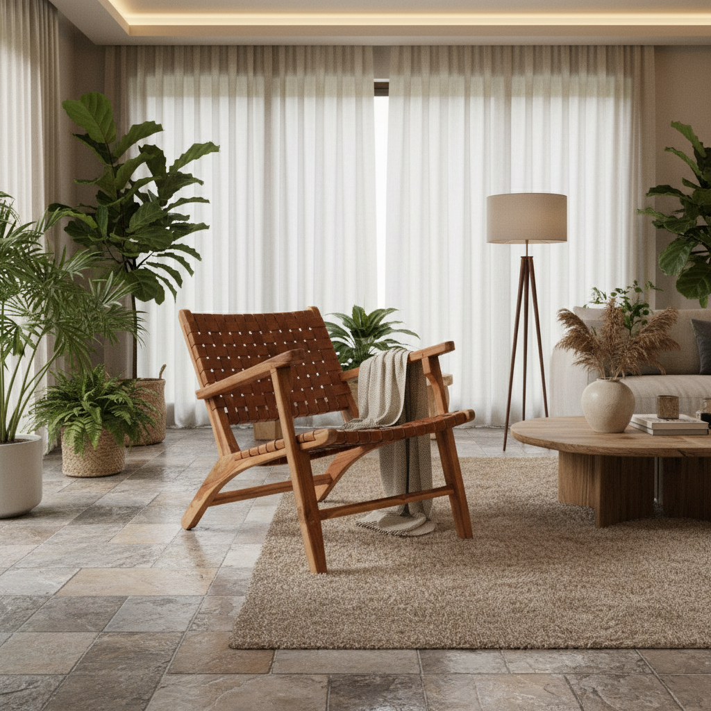 Inca Brown Leather and Teak Wood Lattice Design Armchair
