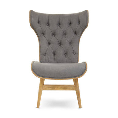 Vinsi Dark Grey Velvet Wing Back Chair with Elm Wood Frame