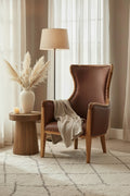 Kendari Brown Leather and Teak Wood Studded Chair