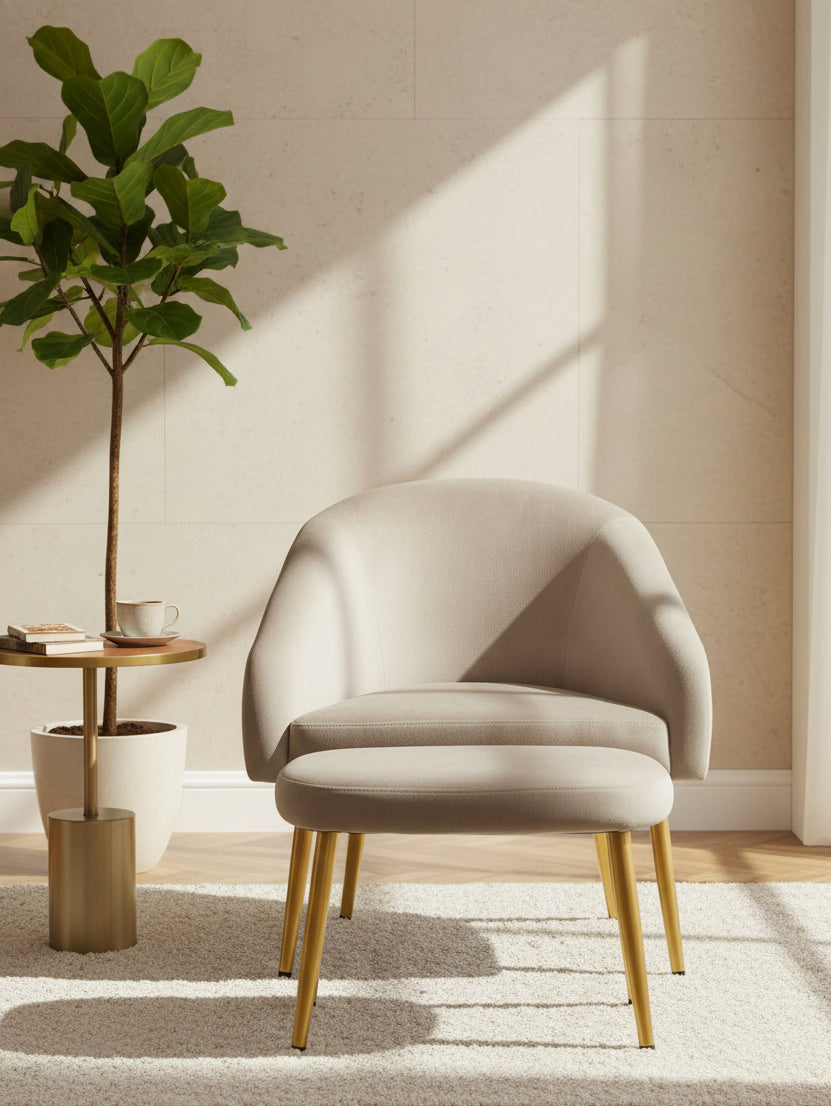 Yasmeen Mink Velvet Chair and Footstool with Gold Powder Coated Legs