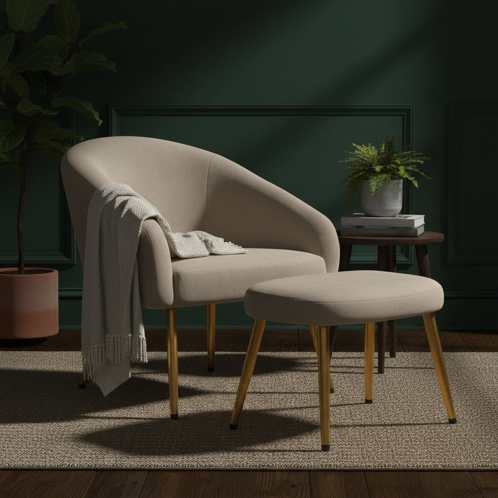 Yasmeen Mink Velvet Chair and Footstool with Gold Powder Coated Legs