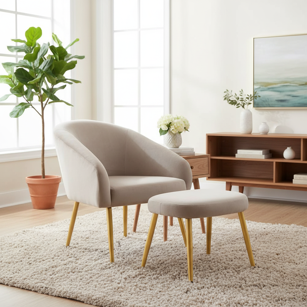 Yasmeen Mink Velvet Chair and Footstool with Gold Powder Coated Legs