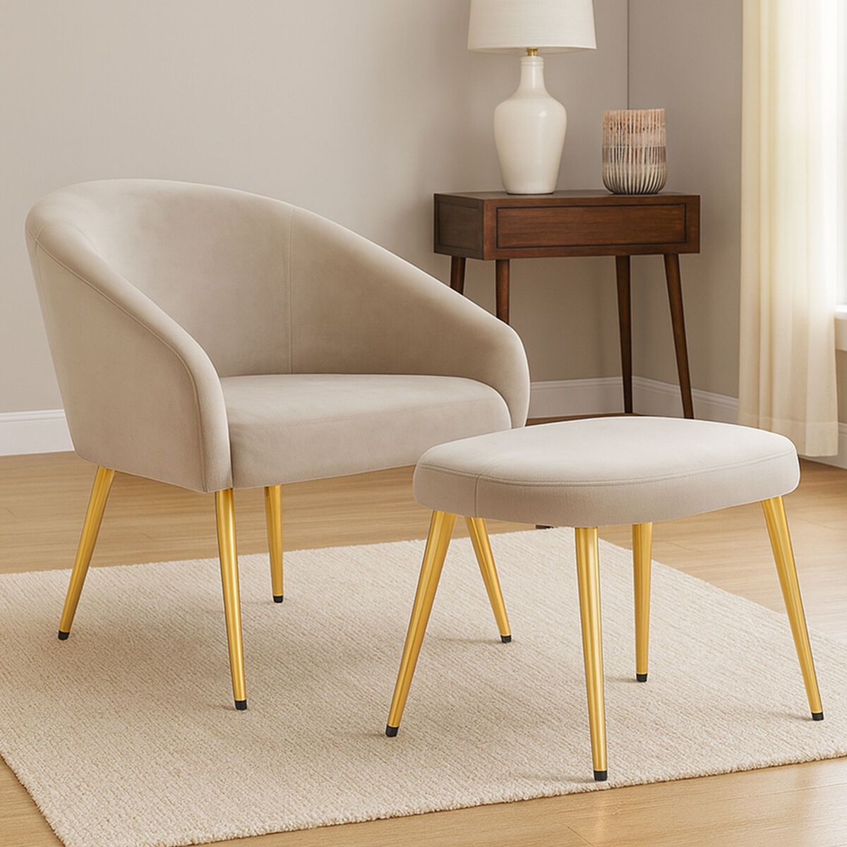 Yasmeen Mink Velvet Chair and Footstool with Gold Powder Coated Legs