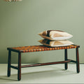 Inca Tan Leather and Teak Wood Bench with Lattice Design