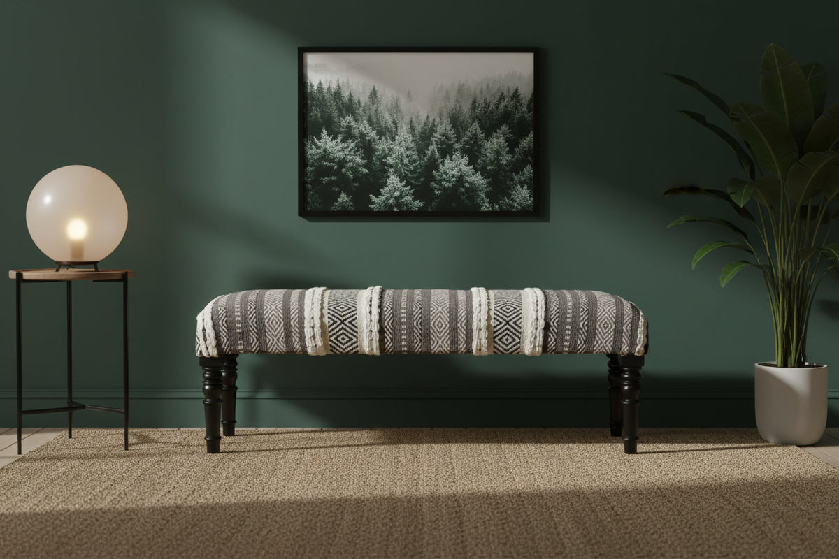 Cefena Grey and White Textured Fabric Bench