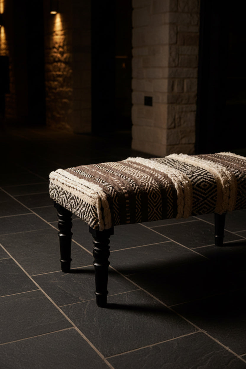 Cefena Grey and White Textured Fabric Bench