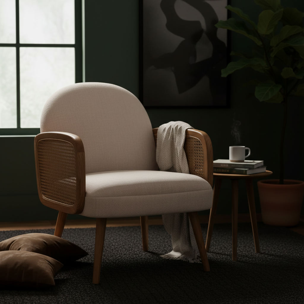 Cebu Ivory Fabric and Cane Chair with Elm Wood Legs