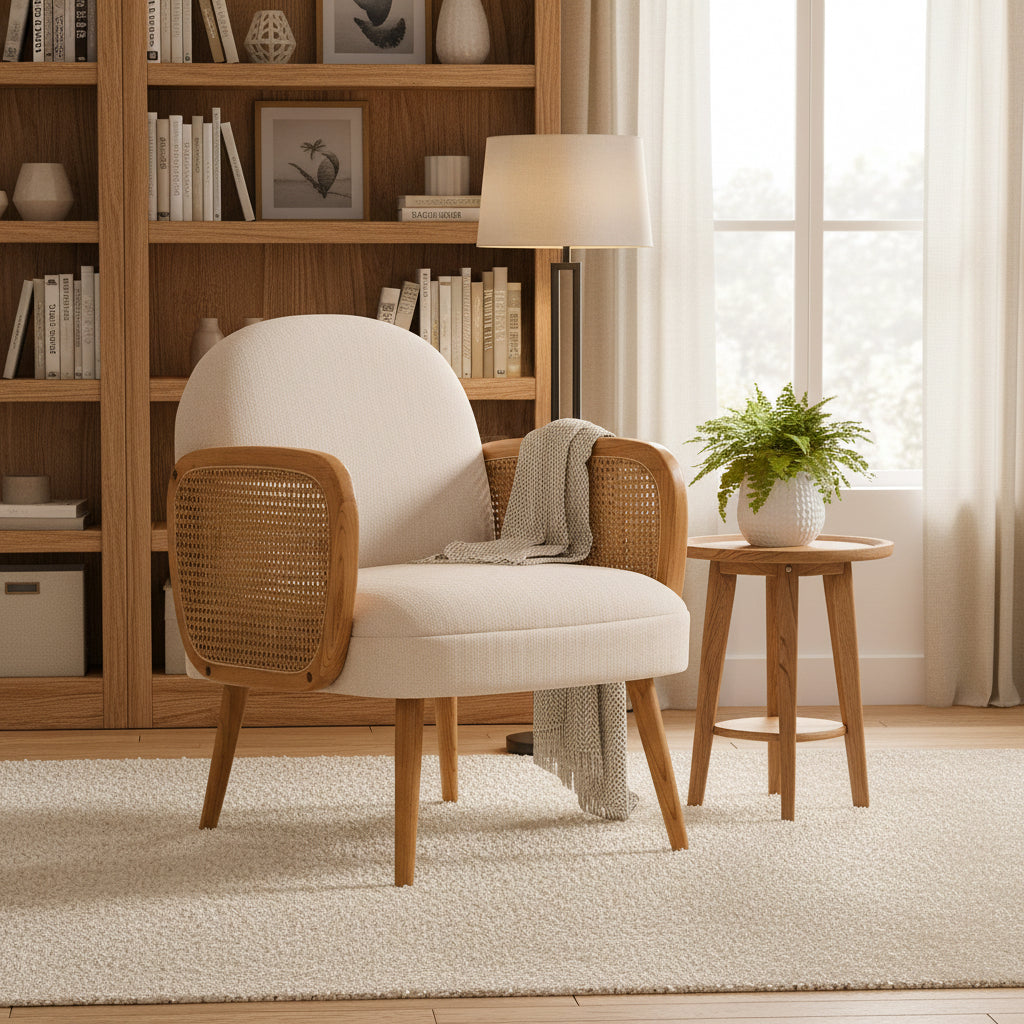 Cebu Ivory Fabric and Cane Chair with Elm Wood Legs