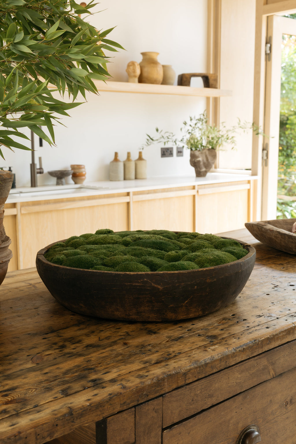 Vintage Wooden Moss Bowl | Preserved Moss | 61cm D × 13.5cm H