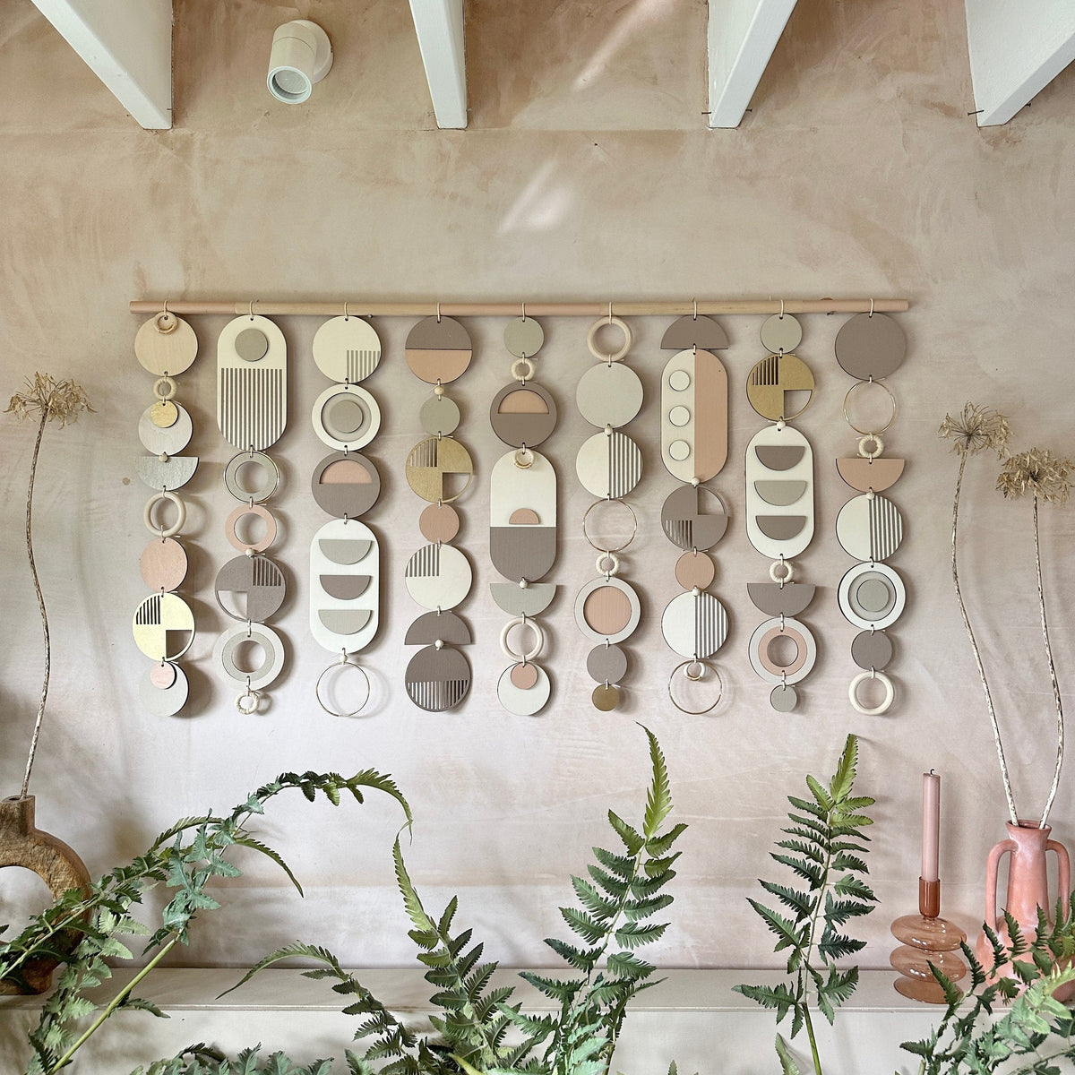 Geometric Wall Art – Mid-Century Modern Tapestry, Blush Pink & Gold