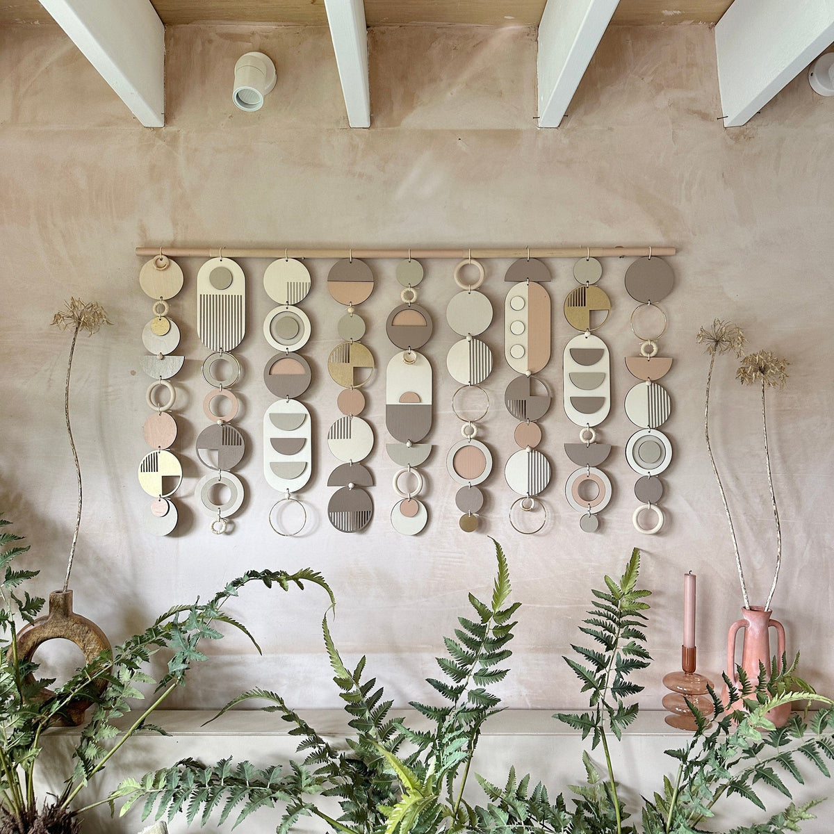 Geometric Wall Art – Mid-Century Modern Tapestry, Blush Pink & Gold